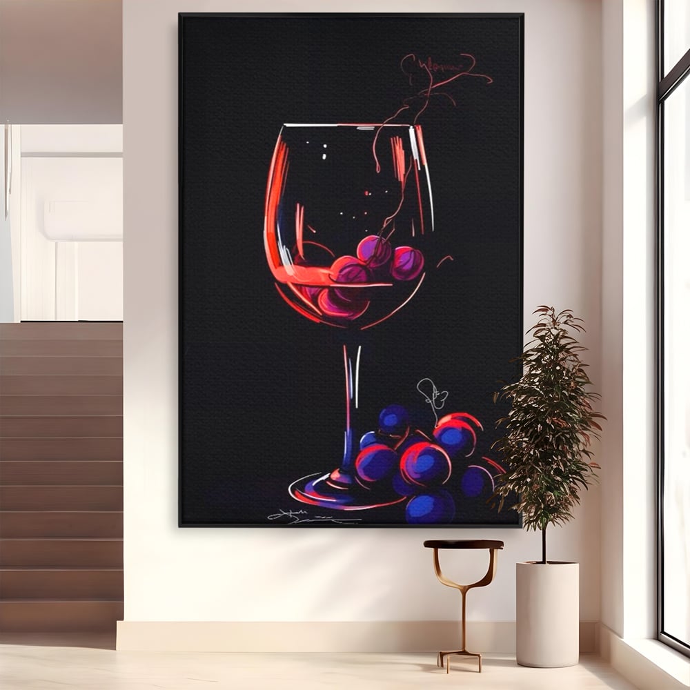 Tablou canvas cu tablou canvas cu pahar de vin si struguri, in rama de aluminiu negru